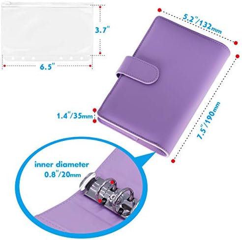 PU Leather Personal Notebook Planner with 40 Pages Loose-Leaf Papers Ring Binder 6 Zipper Bags for Filler Paper with Category Stickers Pen Holder Magnetic Buckle (Lavender, 7.5 X 5.2)