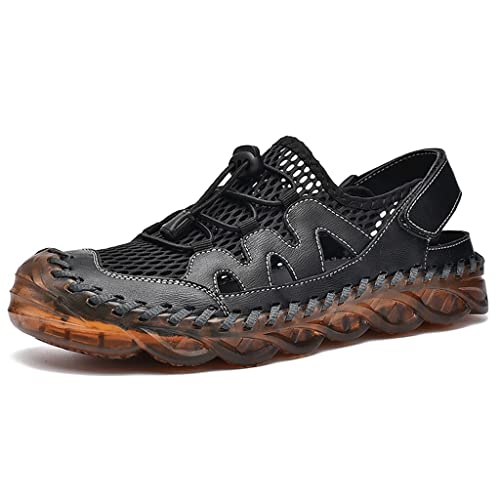 OAQZGBVK Mesh Men Sandals Breathable Leather Casual Shoes Handmade Outdoor Mens Slippers Men Beach Sandals (Color : Black, Size : 9) (Black 9)