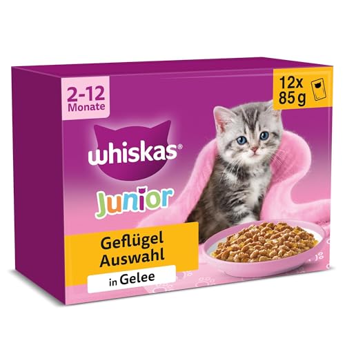 WHISKAS Junior Nassfutter Portionsbeutel Multipack, Geflügelauswahl in Gelee, 12 x 85g