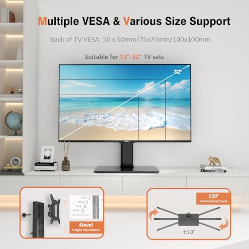 Universal Swivel TV Stand/Base Table Top TV Stand for 13 to 32 inch TVs with 100 Degree Swivel, 4 Level Height Adjustable, Heavy Duty Tempered Glass Base, Holds up to 77lbs, HT07B-001 - Thumbnail 2