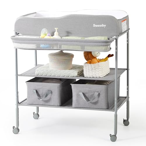 Image of Sweeby Portable Baby Changing Table, Non-Foldable Changing Table Dresser Changing Station for Infant, Waterproof Pad Topper, Mobile Nursery Organizer for Newborn Essentials, Gray, Classic