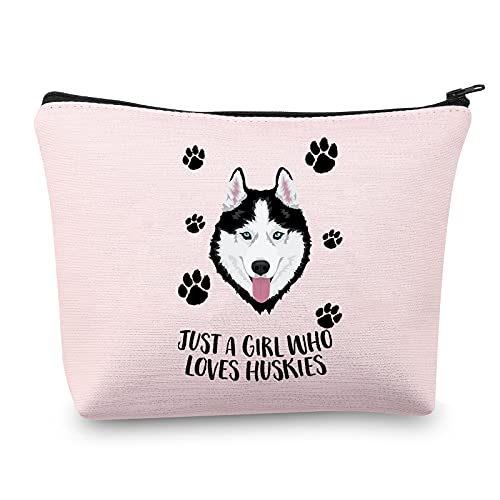 MBMSO Husky Makeup Bag Husky Lover Gifts for Women Just a G Who Loves Huskies Cosmetic Bag Siberian Husky Owner Gifts for Husky Mom Zipper Pouch Travel Case (Husky pink bag)