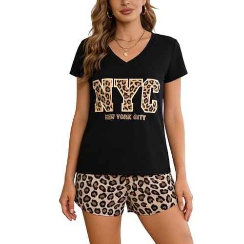 VENTELAN Pajama Set For Women Cute PJS Summer Short Sleeve Shorts Sleepwear X-Small Black Leopard