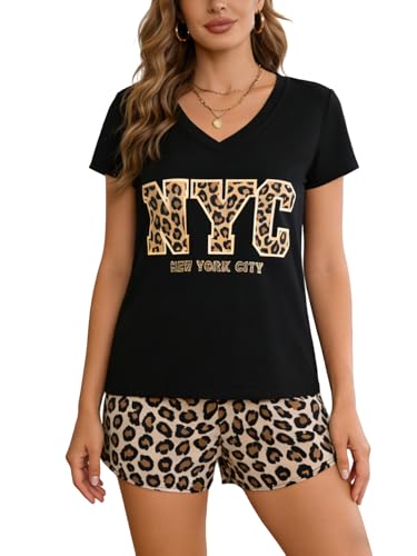 Image of VENTELAN Pajama Set For Women Cute PJS Summer Short Sleeve Shorts Sleepwear