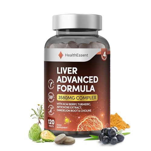 Liver Detox Advanced Formula 3580mg Complex for Liver Cleanse & Repair with Acai Artichoke Choline Dandelion Root & Turmeric Powder (4 Month Supply) 120 Vegan Tablets by HealthEssent