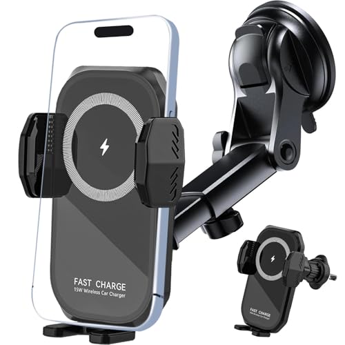 Kabelloses Kfz-Handyladegeräte,15W Handyhalterung Auto mit Ladefunktion,Induktive Ladestation Auto,Handyhalterung Saugnapf für iPhone Samsung, Aufladung Handy Halterung Auto (Saugnapf und Autoklima)