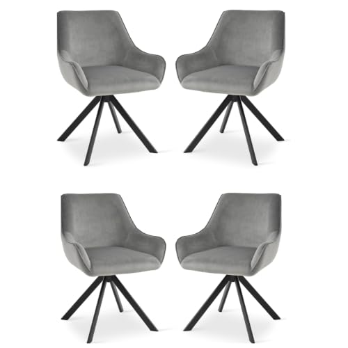 Image of Set of 4 Chairs 360 Degree Rotating Legs, Modern, Elegant & Comfortable Velvet Arms Chairs for Dinning Living Hotel Cafe (Grey Velvet Set of 4)