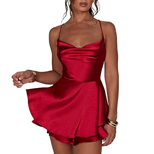 Women Sexy Backless Short Romper Satin Dress Cowl Neck Tie Ruffle Layer Spaghetti Strap Jumpsuit Mini Dress4
