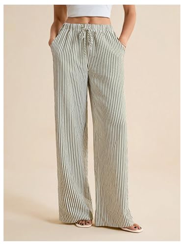 Women's Striped Wide Leg Pants Drawstring Waist Long Trousers Casual Lounge Pants4