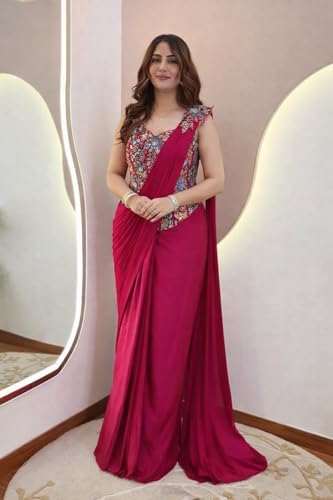 Image of Embellished, Embroidered trending ready-to-wear heavy crepe Silk with embroidery sequence cording work Saree with Full Stitched Blouse