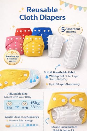 Image of Reusable Baby Cloth Diapers with 5 Microfiber Inserts | Adjustable Washable Nappies for Babies | Leakproof Pocket Diaper Set | Soft & Skin Friendly for Newborns & Toddlers (Multicolor Pack Of 10)