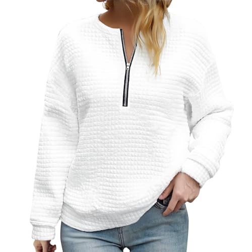 Women' Lapel Pullover Top Zipper Elegant Blouse Loose Comfy Outdoor Streetwear Fashion V Neck Lace Long Sleeve Soft Sweatshirt Top White