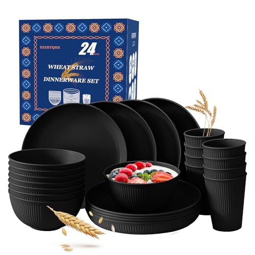 Image of 24pcs Wheat Straw Dinnerware Sets For 8, Unbreakable Plates and Bowls Wheat Straw Dinnerware Microwavable Cups Plates and Bowls Sets Shatterproof For Outdoor Kitchen Camping