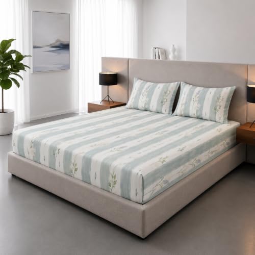 Image of Cotton Feel Glace Cotton Double Bed Fitted Bedsheet Set || Includes 1 Elastic Bedsheet King Size & 2 Pillow Covers (78 x 72 Inches, Eden)