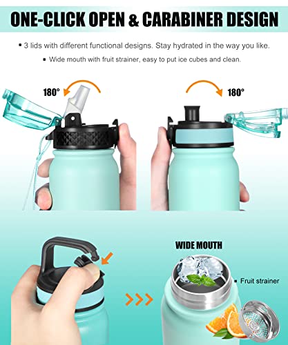 Insulated Water Bottle 20Oz For Adults Kids Stainless Steel Water Bottles With Straw/Chug/Carabiner 3 Lids Fruit Strainer Double Wall Vacuum Wide Mouth Bpa Free Sweat/Leak-Proof For School Travel #TOP3
