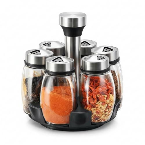 Kit com 6 Potes de Vidro, Jogo de Frascos para Temperos com Tampa Inox e Suporte Giratório – Organização e Praticidade na Cozinha Premium