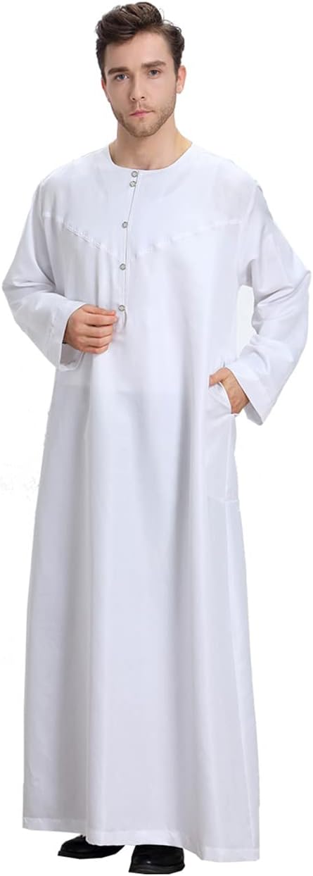 Qianliniuinc Men Arabic Long Sleeve Thobe for Ramadan - Muslim Kaftan Prayer Clothes Islamic Wear Middle Eastern Dress