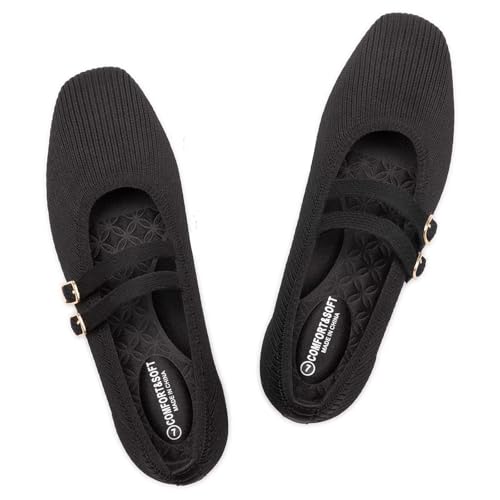 Image of Frank Mully Women's Flats Square Toe Mary Jane Shoes Ballet Flats with Strap Comfortable Slip On Knit Shoes Dressy Casual