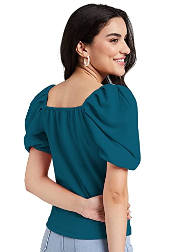 Image of Mehrang Women's Solid Ribbed Crop Tank Top Ribbed Tops for Women V-Neck 3 /4th Balloon Sleeves