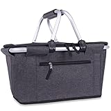 Picnic Basket, SIYUAN Collapsible Market Basket Insulted Cooler with Handles 27L Large Farmers Grocery Basket with Lid Portable Tote Bag, Black