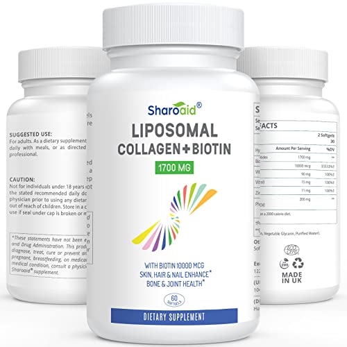 Liposomal Hydrolyzed Collagen Peptides 1700mg and Biotin 10000mcg Supplements for Women,Men,High Absorption,Vitamin E,C and Zinc Capsules for Skin,Hair Growth,Joint and Nails,60 Softgels