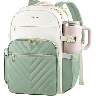 VANKEAN Laptop Backpack for Women with Pouch Pocket for Large Capacity Tumbler, 15.6 Inch Laptop Computer Bag Travel Backpack Purse,Waterproof Work Business College Teacher Bags, Beige-Light Green