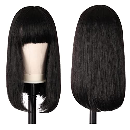 Unonet16 inch Human Hair Bob Wigs with Bangs Straight Bob