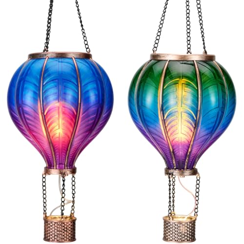 TERESA'S COLLECTIONS 2 Pack Hanging Solar Lantern Outdoor Garden Decor for Valentine ,Waterproof Plastic Hot Air Balloon Green Flickering Flame Effect Lantern for Yard Tree ,18"
