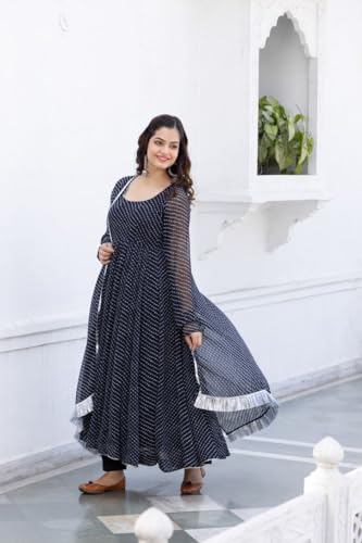 Image of Modestouze Attires Women's Rayon Printed Kurta Set | U Neck Full Sleeve Fit Flared Anarkali Kurti and Print Dupatta