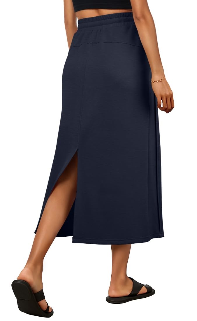 PrinStory Mujer Faldas Midi Verano Cintura Elástica Cordón Ajustable Faldas Con Bolsillos