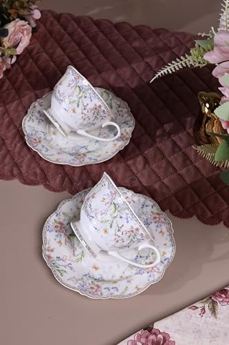 Image of Vigneto Floral Flower Bed Cup and Saucer Set (Vintage Collection) for Tea /Coffee /Hot Drinks | Set of 6 Cup & 6 Saucers, 210 ML | Finest Premium Porcelain | Scratch Resistant | Chip Resistant