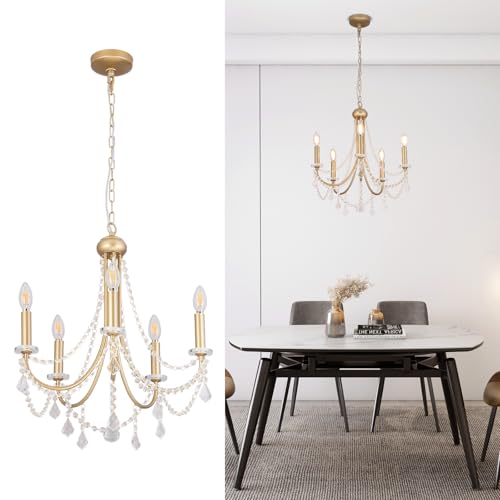 Kaniker 5-Light Farmhouse Chandelier with Crystal Accents, Gold Candle-Style Adjustable Pendant Light for Dining Table, Bedroom, Entryway, Living Room, Kitchen Island, Rustic Modern Ceiling Fixture
