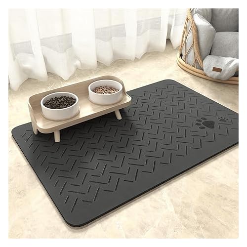 MontVoo-Absorbent Pet Feeding Mat-No Stains Quick Dry Dog Mat for Food and Water Bowl-Rubber Backing Dispenser Mat Accessories Supplies-Dog Bowl Messy Drinkers,(Dark Grey,23"x34") 23"x34" DA