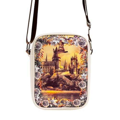 Harry Potter Vegan Leather Round Crossbody Bag with Adjustable Straps, Hogwarts Floral Fantasy Off White4