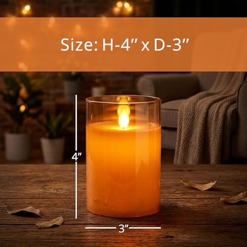 Image of LTETTES Real Wax Led Candle with Glass Cup | Flameless Flickering Wick | Amber Glass Finish | Battery Operated with Remote Controller | Decorative Candle for Home, Festival & Gifting | D-3 inch x H-4 inch