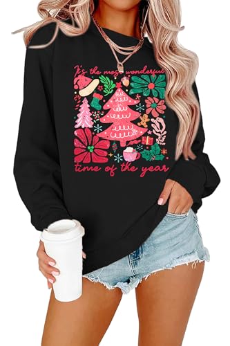 Image of ASTANFY Merry Christmas Sweatshirts For Women: Christmas Tree Graphic Sweatshirts Grinch Long Sleeve Shirt, Black-2, Large