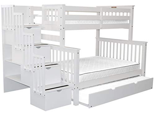 Bedz King Stairway Bunk Beds Twin Over Full With 4 Drawers In The Steps And A Twin Trundle, White #TOP2