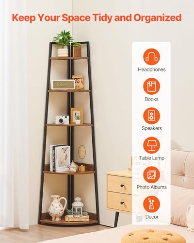 Image of VEVOR 5 Tier Corner Shelf, Tall Corner Bookshelf Plant Rack, Wall Shelves Tower Storage Organizer with Metal Frame & Wooden Shelves, Narrow Display Book Shelf Rack for Bedroom, Living Room, Office