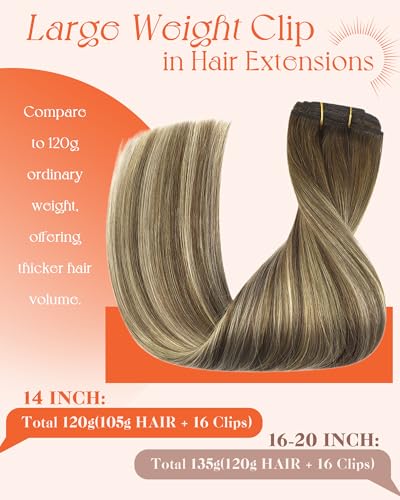 Image of Sunny Hair Clip in Hair Extensions Real Human Hair Brown Balayage 14 Inch | Remy Hair Piece Clip Ins Olive Brown Roots to Blonde, Secure Clips, Natural Soft Layers for Graduation Hairstyles 120g