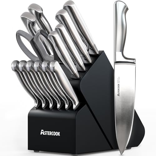 Astercook Knife Set, 15 Piece German Steel Kitchen Knife Set with Built-in Sharpener, One-Piece...