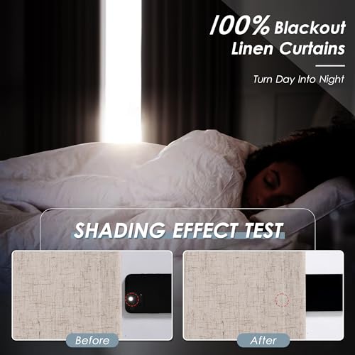Image of Nanspring Oatmeal 100% Blackout Linen Curtains 84 Inch Length 2 Panels Set for Bedroom Back Tab Neutral Modern Farmhouse Decor Black Out Curtain for Living Room Thermal Insulated Drapes 52x84