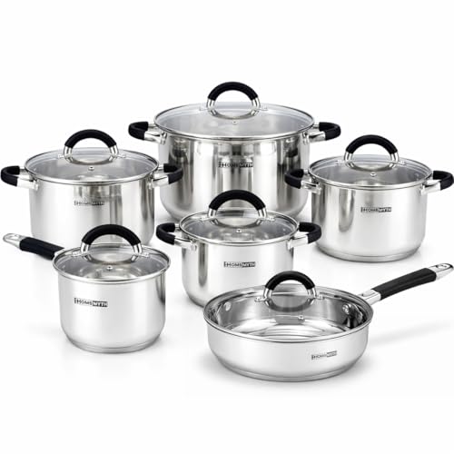 HOMSMYTH 12-Piece Stainless Steel Cookware Set – Induction-Compatible Pots and Pans with Silicone Handles and Glass Lids | Versatile Casserole, Frying Pan & Saucepan Collection