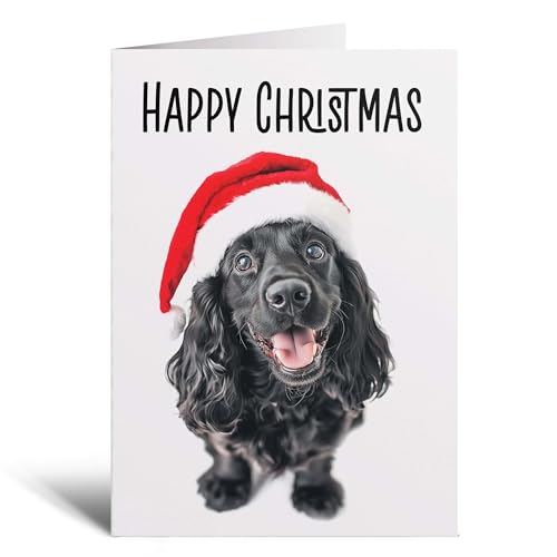 Postcard Prints - Fun Christmas Card of a Black Cocker Spaniel Dog Wearing A Santa Hat Whimsical Christmas Card For Animal Lover For Him or Her