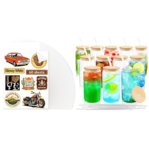 Joyclub Bundle of Sublimation Sticker Paper 20 Sheets 8.5x11 and 12pcs 16 oz Glass Cups with Acrylic Lids and Straws