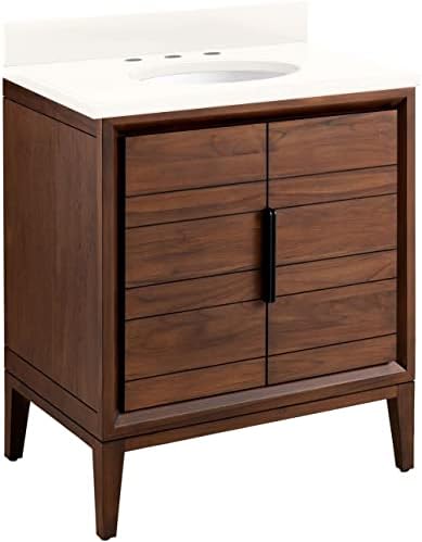 Signature Hardware 459185 Aliso 30" Free Standing Single Vanity Set with Teak Cabinet, Vanity Top, and Oval Undermount Sink - 8" Faucet Holes - Java/Arctic White