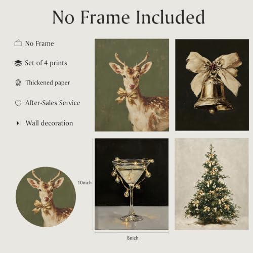 Feronty Vintage Bow Christmas Wall Art Prints, Deer Bell Cocktail Christmas Tree Posters for Living Room Bedroom Kitchen Bar Cart, Winter Holiday Decor, 8x10 Unframed, Set of 4 by Feronty - Used condition - Image 6