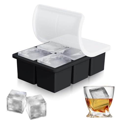 Silikon Eiswürfelform mit Deckel - 6-Fach 4.8cm Quadratische Ice Cube für Whisky, Cocktails, Wein, Obst, Fruchtpürees, Eiscreme (Schwarz)