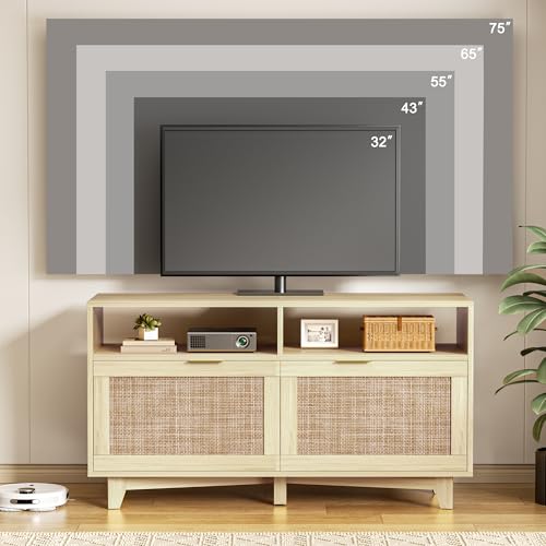 SRIWATANA TV Stand for Televisions up to 55 Inch, Wooden TV Cabinet with 2 Rattan Doors, Entertainment Center with Storage, Media Furniture for Living Room, Bedroom, Oak - Thumbnail 5
