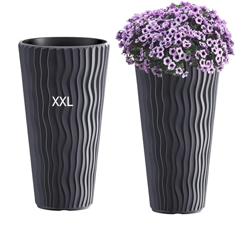MELTOM Blumentopf mit vertikaler Wellenoptik herausnehmbarem Einsatz aus Kunststoff Pflanzkübel (Anthrazit, XXL)