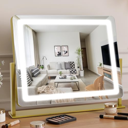 Bearolve Vanity Mirror with Lights 22"×17", Large LED Makeup Mirror with Light, Smart Touch with 3-Color Lighting, Dimmable, 360° Rotation, Desk Mirror, Vanity Mirror Tabletop (Gold)